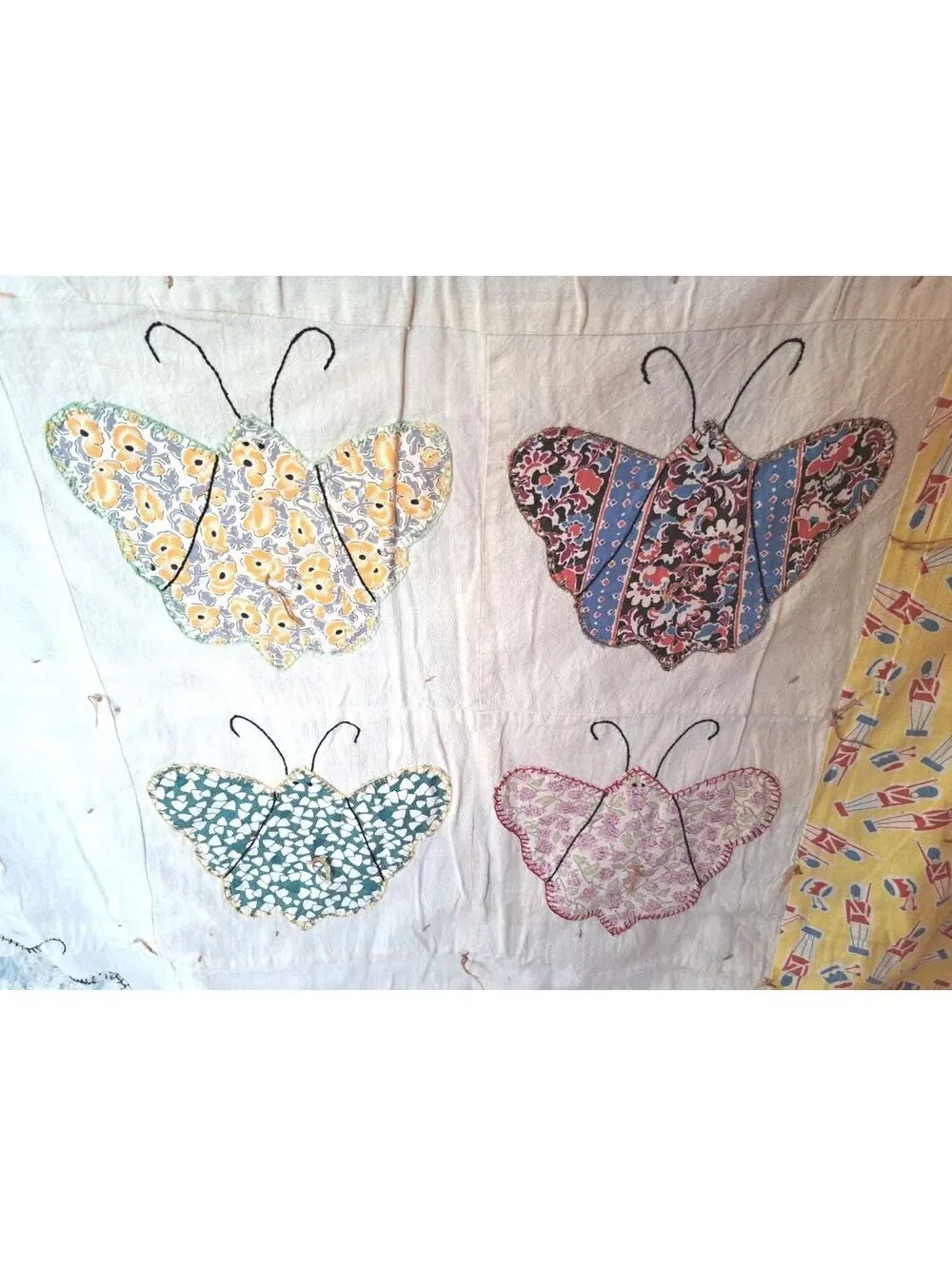 Vintage Handmade Butterfly Applique and Embroidery Feed-Sack Quilt 54